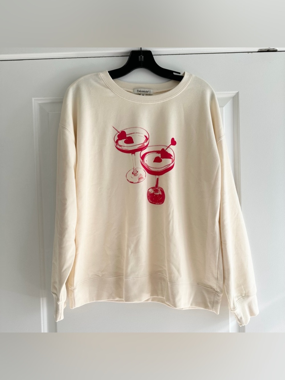 Francesca’s Cream & Red Graphic Sweatshirt with Martini Cocktail Print NWT - Picture 2 of 5